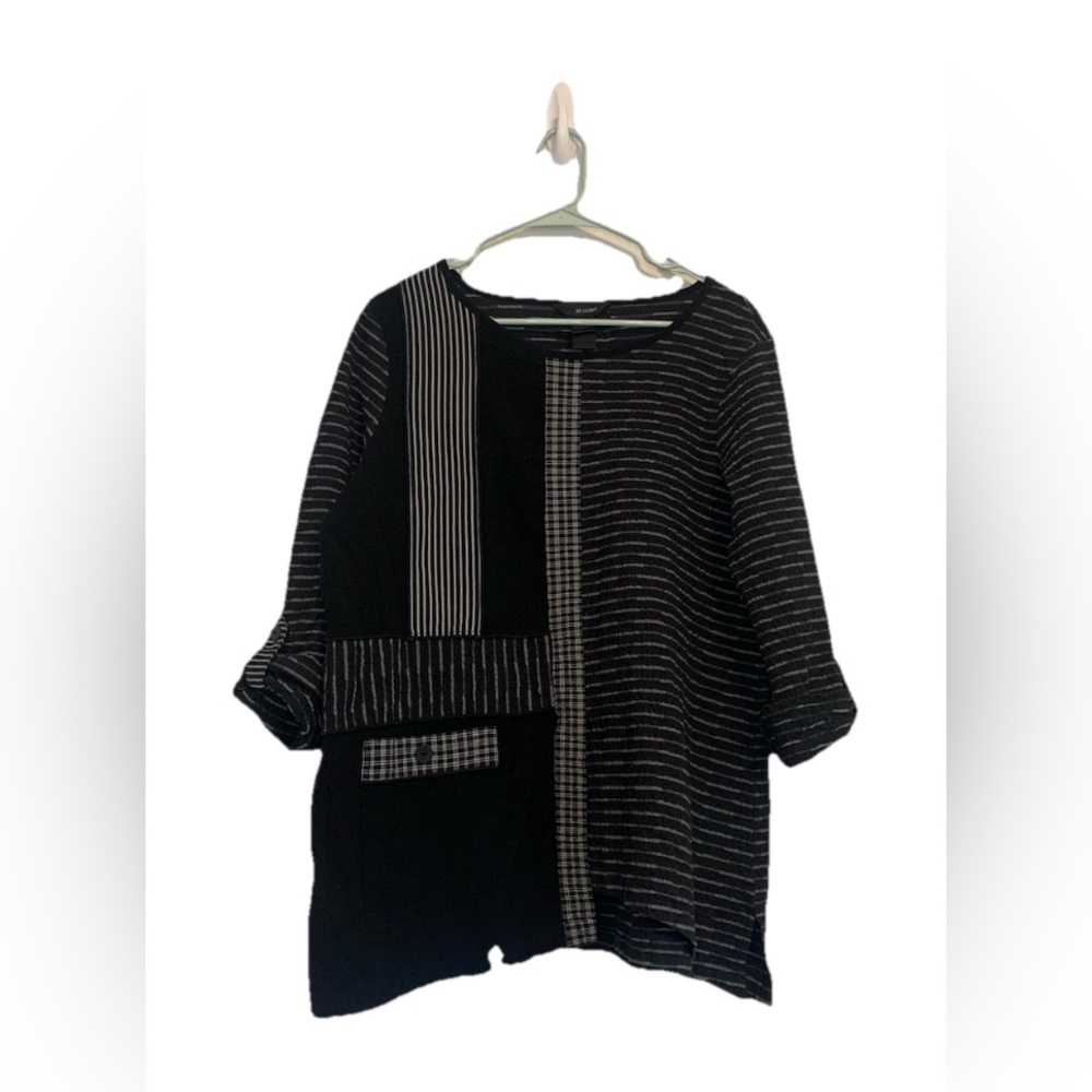 Ali Miles Striped Black Tunic Top XL? Button Detail Casual Blouse Lagenlook